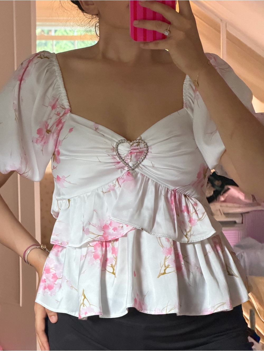River Island White Top with Pink Floral Print & Heart Rhinestone